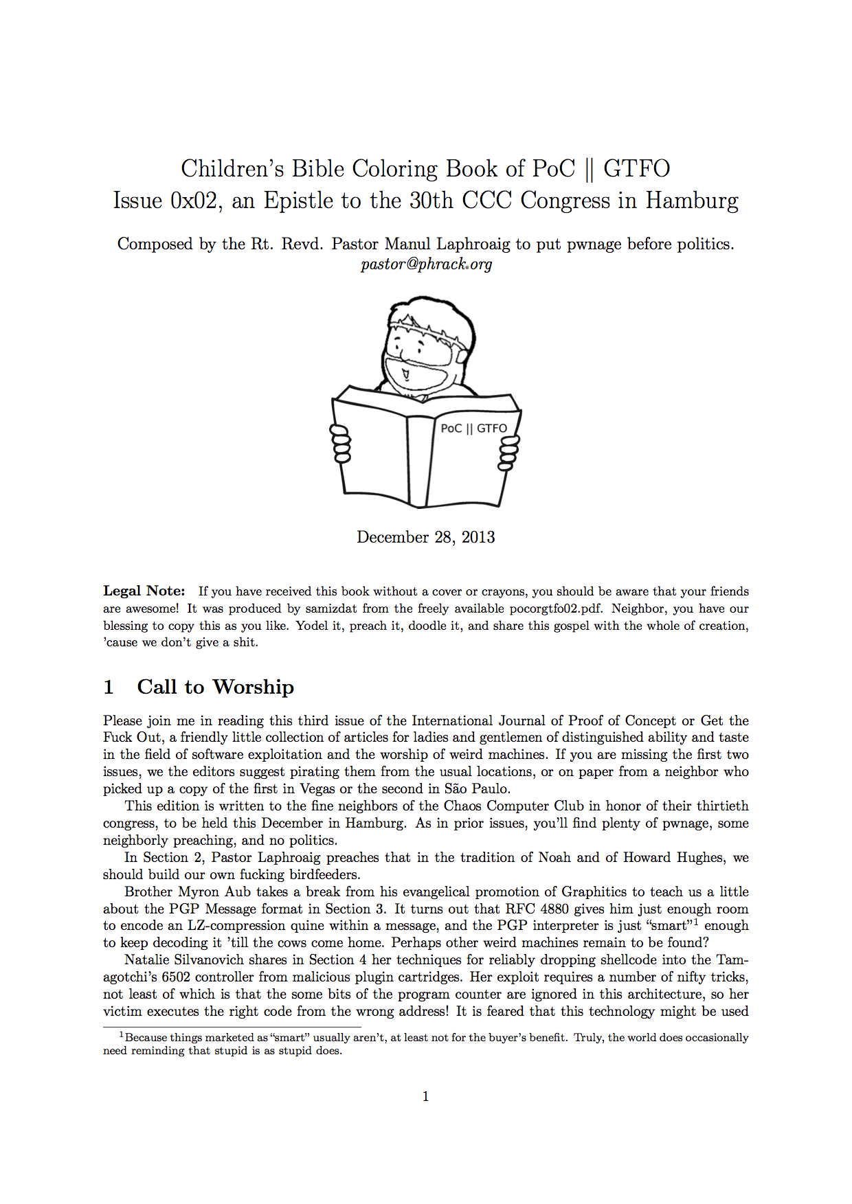 Children's Bible Coloring Book of PoC $\|$ GTFO Issue 0x02, an Epistle to the 30th CCC Congress in Hamburg Composed by the Rt. Revd. Pastor Manul Laphroaig to put pwnage before politics.